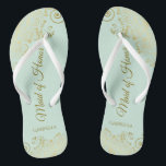 Elegant Gold Lace Maid of Honour Mint Green Weddin Flip Flops<br><div class="desc">These beautiful wedding flip flops are a great way to thank and recognize your Maid of Honour while saving her feet at the same time. Features an elegant design with golden lace frills on a pale neo mint green coloured background and fancy gold coloured script lettering. The test reads Maid...</div>