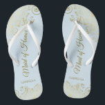 Elegant Gold Lace Maid of Honour Pale Blue Wedding Flip Flops<br><div class="desc">These beautiful wedding flip flops are a great way to thank and recognize your Maid of Honour while saving her feet at the same time. Features an elegant design with golden lace frills on a pale powder blue background and fancy gold coloured script lettering. The test reads Maid of Honour...</div>