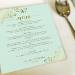 Elegant Gold Lace Mint Green Budget Wedding Menu<br><div class="desc">These beautiful wedding menus are simple,  elegant,  and stylish while still being budget friendly and affordable. They feature a classy and glamorous design with golden faux foil lace and script calligraphy on a pale neo mint green colored background. The back is a beautiful marbled gold color.</div>