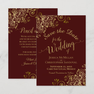 Elegant Gold Lace on Auburn Brown Wedding Save The Date