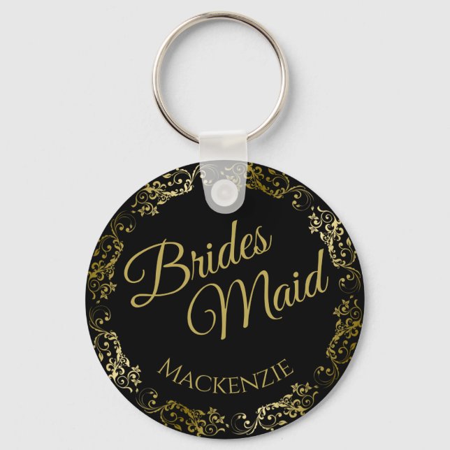 Elegant Gold Lace on Black Bridesmaid Wedding Keychain (Front)