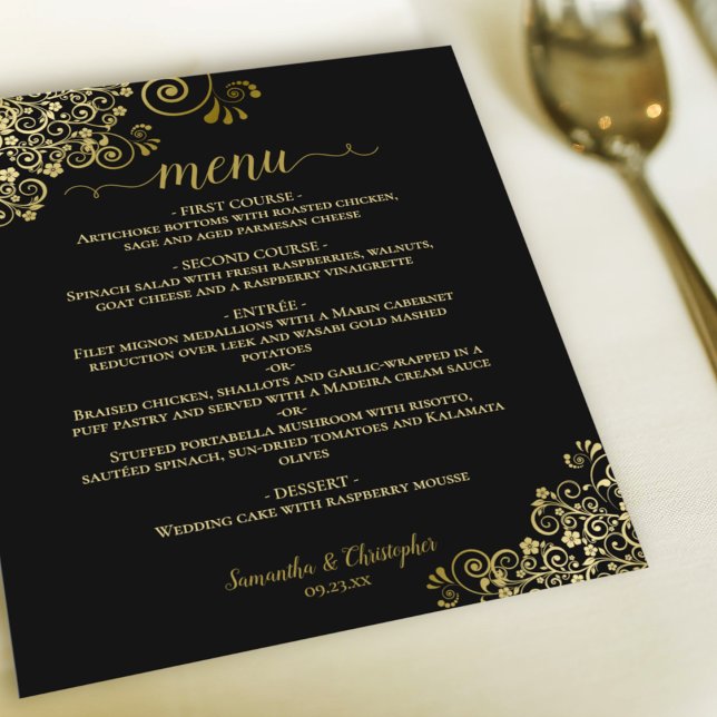 Elegant Gold Lace on Black Budget Wedding Menu (Creator Uploaded)
