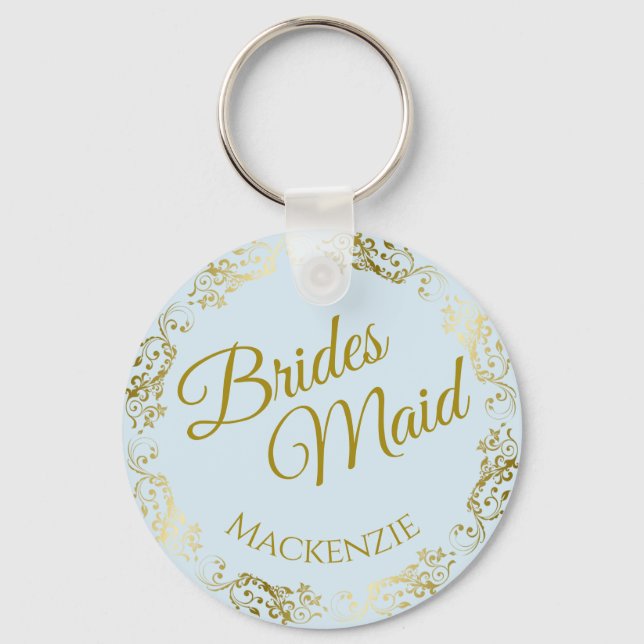 Elegant Gold Lace on Blue Bridesmaid Wedding Keychain (Front)