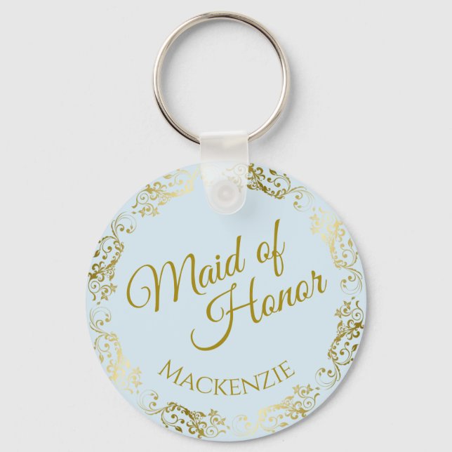 Elegant Gold Lace on Blue Maid of Honour Wedding Keychain (Front)