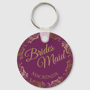 Elegant Gold Lace on Cassis Bridesmaid Wedding Keychain