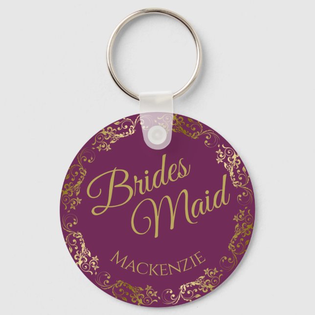 Elegant Gold Lace on Cassis Bridesmaid Wedding Keychain (Front)