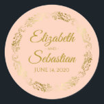 Elegant Gold Lace on Coral Peach Wedding Favour Classic Round Sticker<br><div class="desc">These beautiful stickers are feature gold text on a coral peach or pale orange background with a gold faux foil floral border. The text is fully customizable and contains the wedding couple's names and wedding date. Great as favour tags!</div>