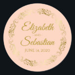 Elegant Gold Lace on Coral Peach Wedding Favour Classic Round Sticker<br><div class="desc">These beautiful stickers are feature gold text on a coral peach or pale orange background with a gold faux foil floral border. The text is fully customizable and contains the wedding couple's names and wedding date. Great as favour tags!</div>