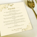 Elegant Gold Lace on Cream Budget Wedding Menu<br><div class="desc">These beautiful wedding menus are simple,  elegant,  and stylish while still being budget friendly and affordable. They feature a classy and glamourous design with golden faux foil lace and script calligraphy on an ivory or cream coloured background. The back is a beautiful marbled gold colour.</div>