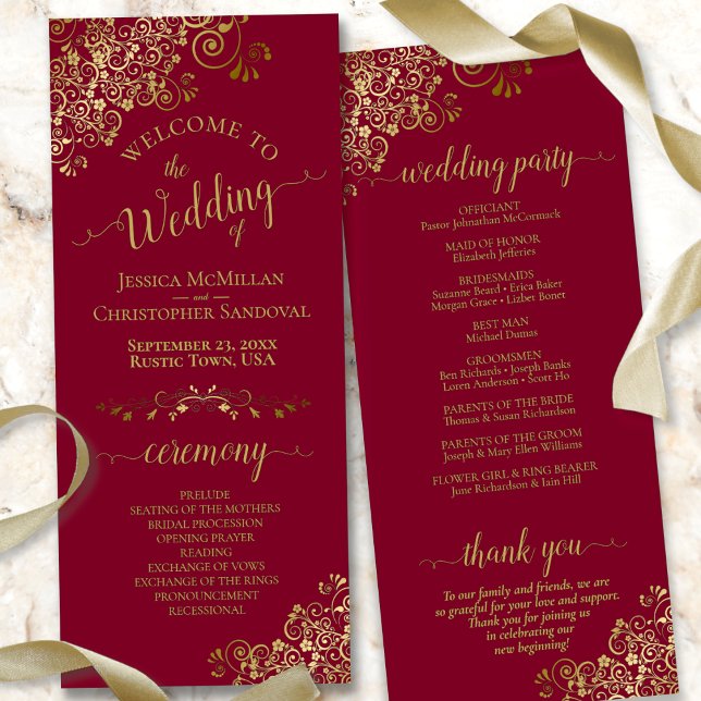 Elegant Gold Lace on Maroon Burgundy Wedding Program (Front/Back)