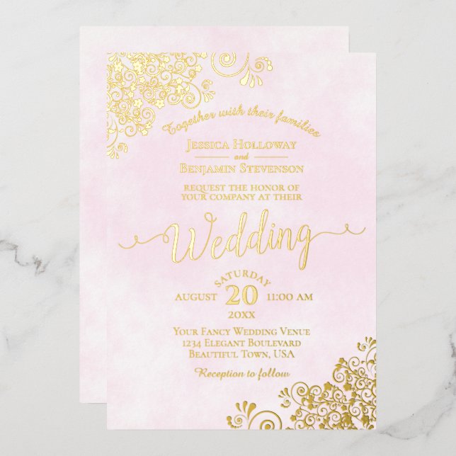 Elegant Gold Lace on Pale Pink Fancy Wedding (Front/Back)