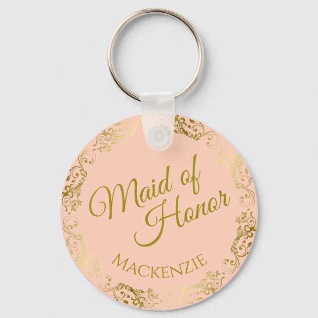 Elegant Gold Lace on Peach Maid of Honour Wedding Keychain (Front)