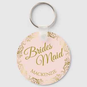 Elegant Gold Lace on Pink Bridesmaid Wedding Keychain