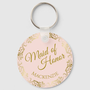 Elegant Gold Lace on Pink Maid of Honour Wedding Keychain