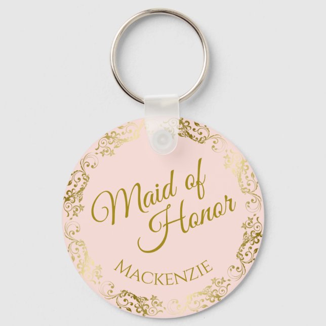 Elegant Gold Lace on Pink Maid of Honour Wedding Keychain (Front)