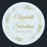 Elegant Gold Lace on Powder Blue Wedding Favour Classic Round Sticker<br><div class="desc">These beautiful stickers are feature gold text on a pale powder blue background with a gold faux foil floral border. The text is fully customizable and contains the wedding couple's names and wedding date. Great as favour tags!</div>
