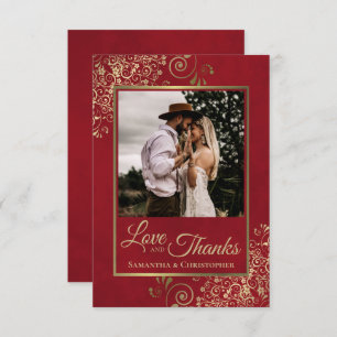 Elegant Gold Lace on Red Love & Thanks Wedding Thank You Card