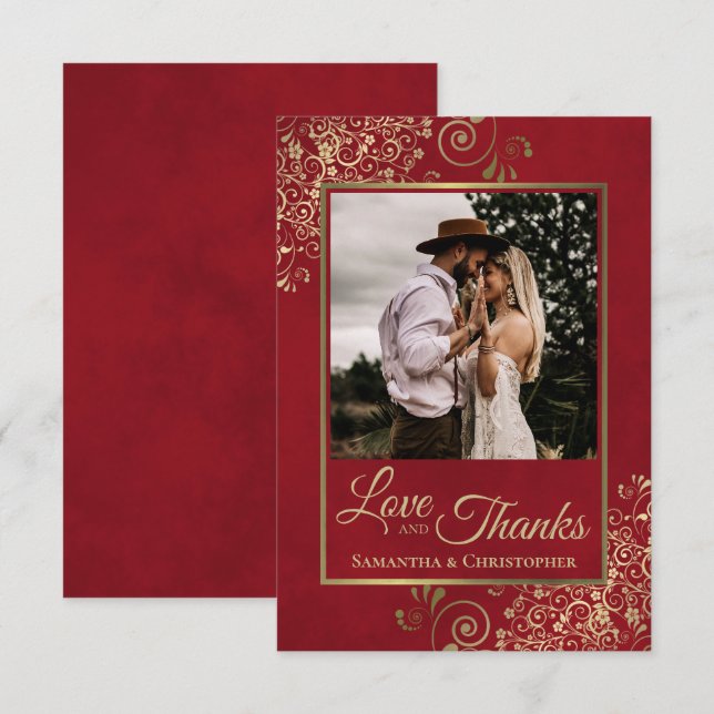 Elegant Gold Lace on Red Love & Thanks Wedding Thank You Card (Front/Back)