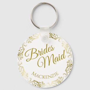 Elegant Gold Lace on White Bridesmaid Wedding Keychain