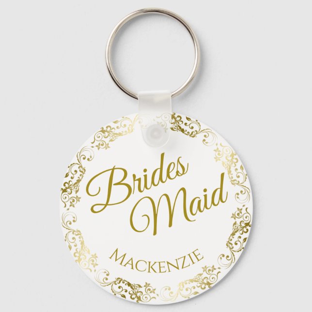 Elegant Gold Lace on White Bridesmaid Wedding Keychain (Front)