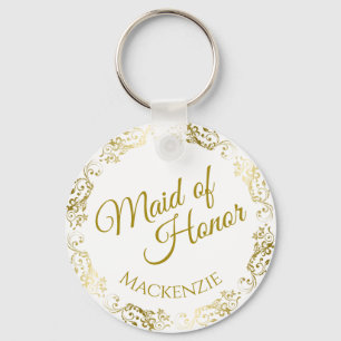Elegant Gold Lace on White Maid of Honour Wedding Keychain