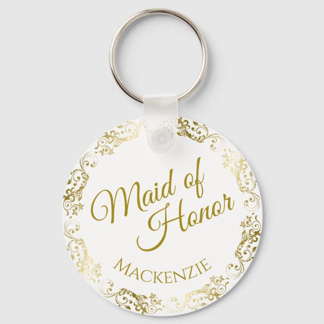 Elegant Gold Lace on White Maid of Honour Wedding Keychain (Front)
