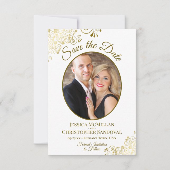 Elegant Gold Lace Oval Photo Classic White Wedding Save The Date (Front)