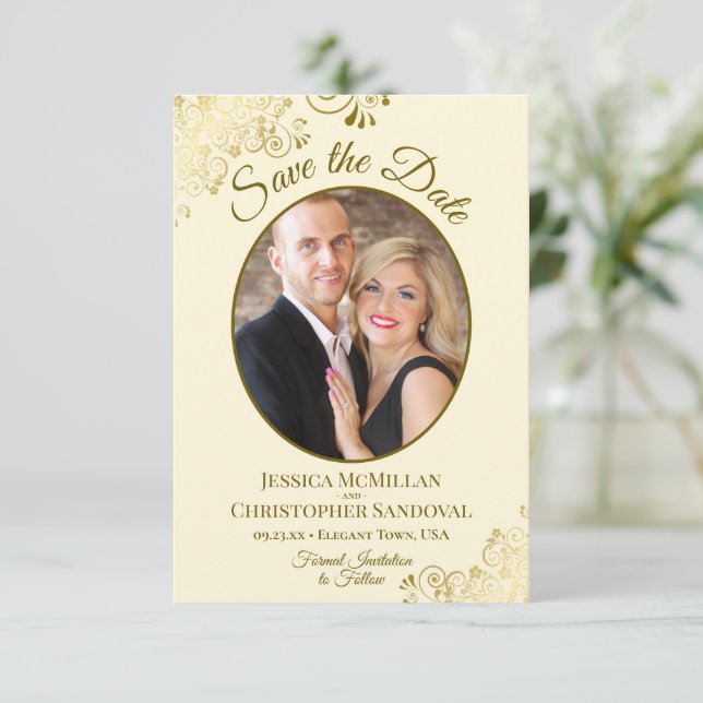 Elegant Gold Lace Oval Photo Ivory Cream Wedding Save The Date (Standing Front)