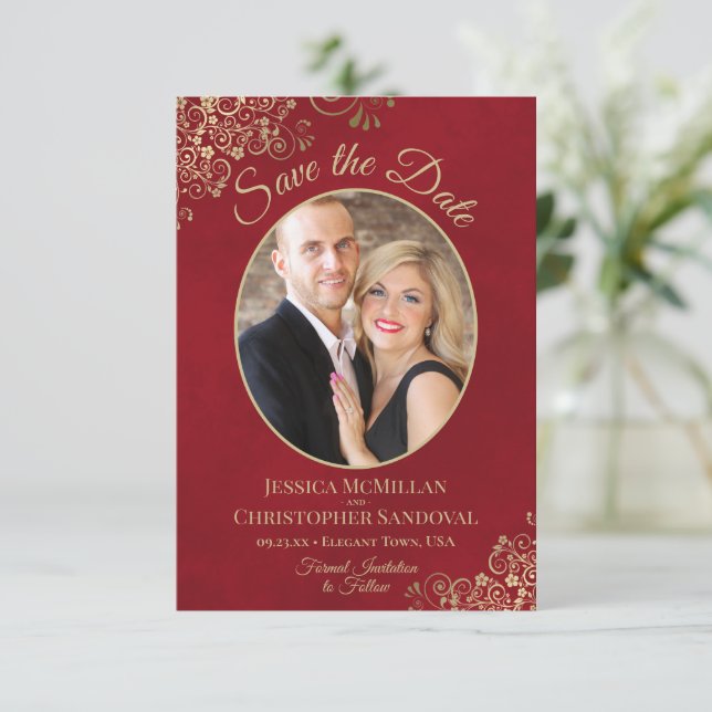Elegant Gold Lace & Oval Photo Marbled Red Wedding Save The Date (Standing Front)