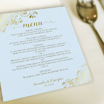 Elegant Gold Lace Powder Blue Budget Wedding Menu<br><div class="desc">These beautiful wedding menus are simple,  elegant,  and stylish while still being budget friendly and affordable. They feature a classy and glamorous design with golden faux foil lace and script calligraphy on a pale powder blue colored background. The back is a beautiful marbled gold color.</div>