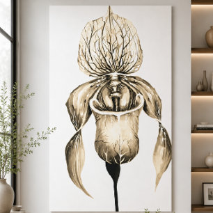 Elegant Gold Lady Slipper Orchid Botanical Canvas Print