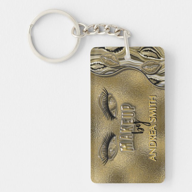 Elegant Gold Lashes Lipstick Makeup Artist Custom Keychain (Front)