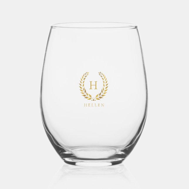 Elegant Gold Laurel Wreath Custom Monogram Stemless Wine Glass (Front)