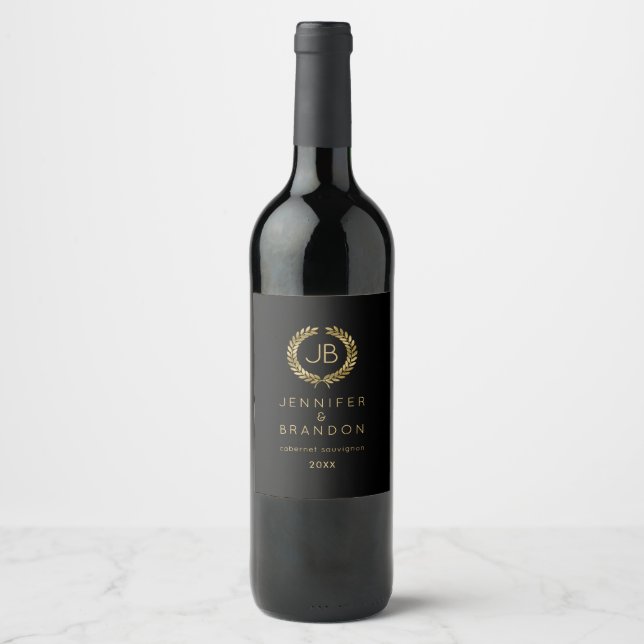Elegant Gold Laurel Wreath On Black Wine Label (Front)