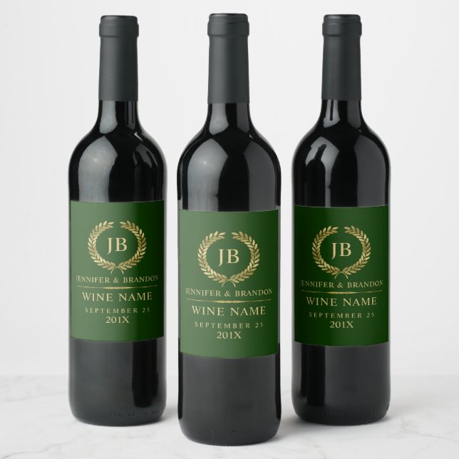 Elegant Gold Laurel Wreath On Green Wine Label (Bottles)