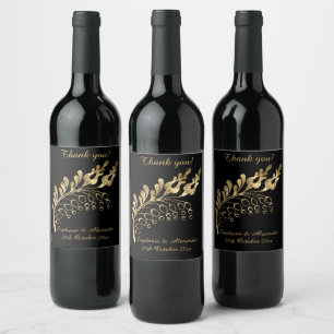 ELEGANT GOLD LEAF BLACK  CUSTOMIZABLE WINE LABEL