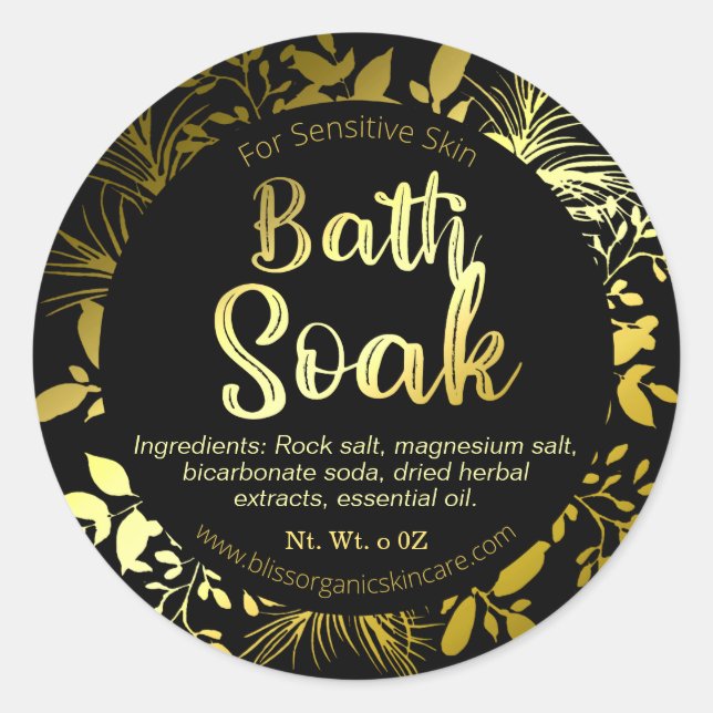 Elegant Gold Leaf Branches on Black Soak Bath Spa Classic Round Sticker (Front)