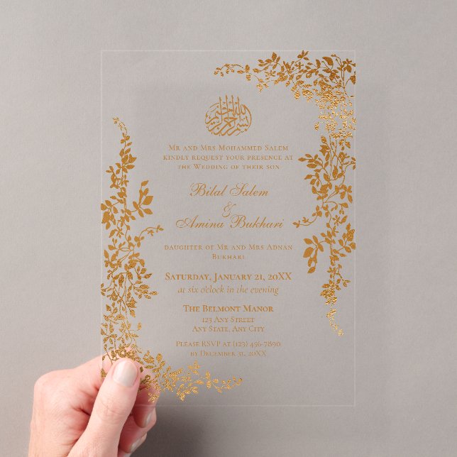 Elegant Gold Leaf Islamic Wedding Acrylic Invitations (Insitu (Handheld))