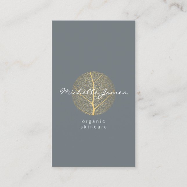 Elegant Gold Leaf Logo on Slate Vertical Business Card (Front)