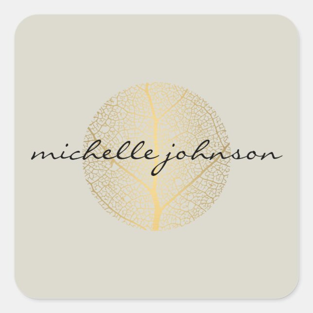 Elegant Gold Leaf Logo on Tan Square Sticker (Front)