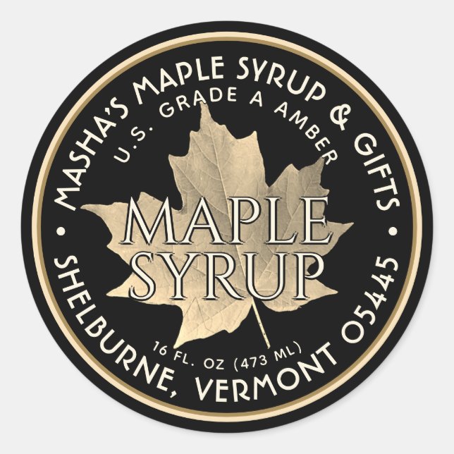 Elegant Gold Leaf Maple Syrup Sticker (Front)