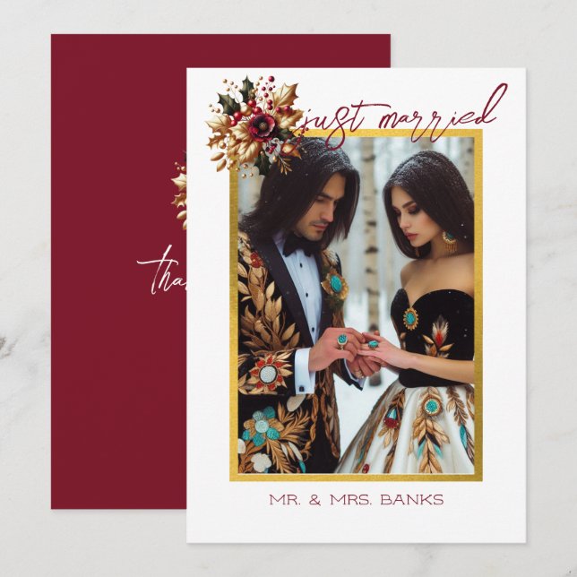 Elegant Gold Leaf Mariage photo Merci carte (Devant / Derrière)