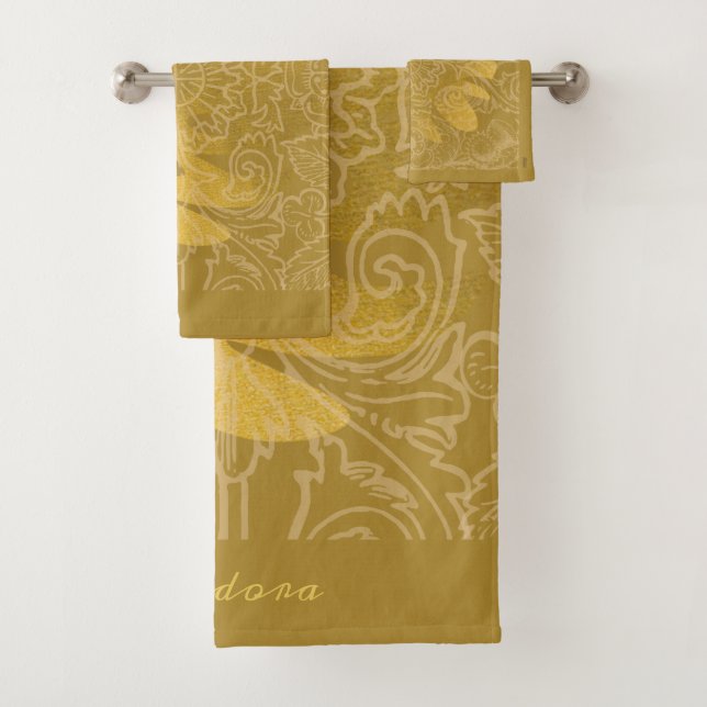 Elegant Gold Leaf Ochre Classic Pattern Bath Towel Set (Insitu)