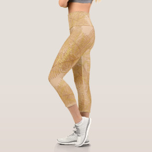 Elegant Gold Leaf Peach Background Capri Leggings