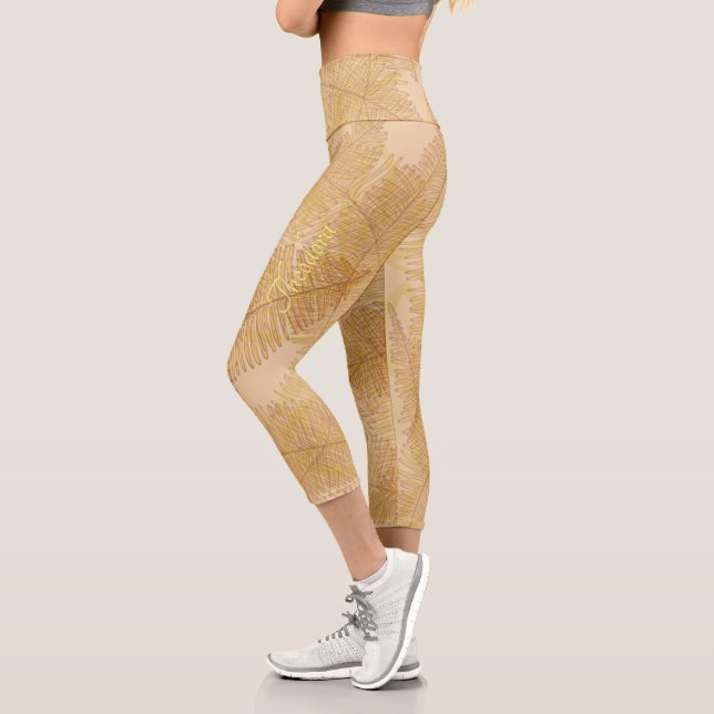 Elegant Gold Leaf Peach Background Capri Leggings (Left)