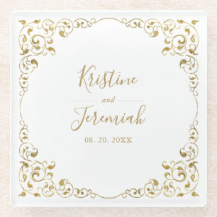 Elegant Gold Leaf Script Name Wedding Glass Coaster