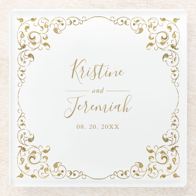 Elegant Gold Leaf Script Name Wedding Glass Coaster (Front)
