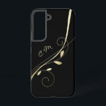 Elegant Gold Leaf Swirl Black Monogram Samsung Galaxy Case<br><div class="desc">Here's an elegant phone case that features a modern gold leaf swirl against a dramatic black background. Your two letter monogram is at the left side in matching pale gold.</div>