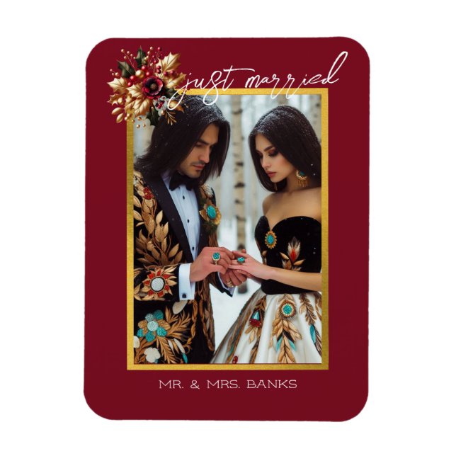 Elegant Gold Leaf Wedding Photo Just Married Magnet (Vertical)