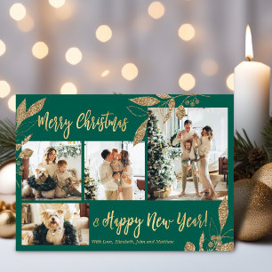 Elegant Gold Leafy 4 Photo Collage Christmas Postcard